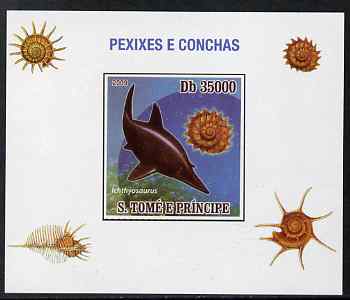 St Thomas & Prince Islands 2009 Dinosaurs (Fish) & Shells #01 individual imperf deluxe sheet unmounted mint. Note this item is privately produced and is offered purely on its thematic appeal, stamps on , stamps on  stamps on dinosaurs, stamps on  stamps on fish, stamps on  stamps on shells, stamps on  stamps on marine life