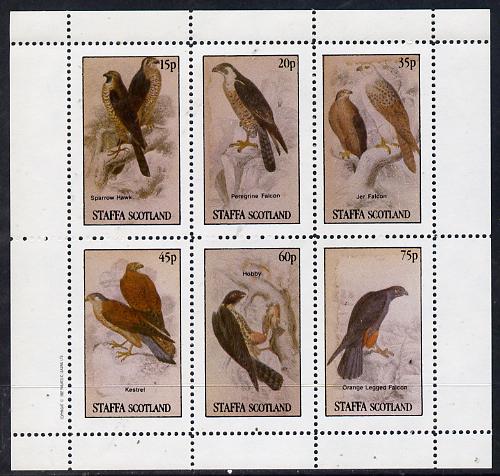 Staffa 1982 Birds of Prey #10 (Sparrow Hawk, Falcons etc) perf set of 6 values (15p to 75p) unmounted mint, stamps on birds, stamps on falcons, stamps on birds of prey