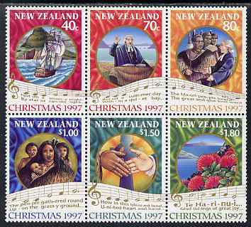 New Zealand 1997 Christmas perf se-tenant block of 6 unmounted mint, SG 2097-2102, stamps on christmas, stamps on ships, stamps on music, stamps on flowers