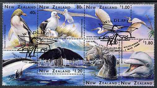 New Zealand 1996 Marine Wildlife perf se-tenant block of 6 fine used, SG 1992-97, stamps on marine life, stamps on whales, stamps on dolphins, stamps on birds, stamps on seals, stamps on penguins