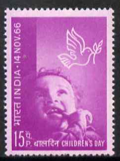 India 1966 Childrens Day 15p purple unmounted mint, SG 538, stamps on children, stamps on doves