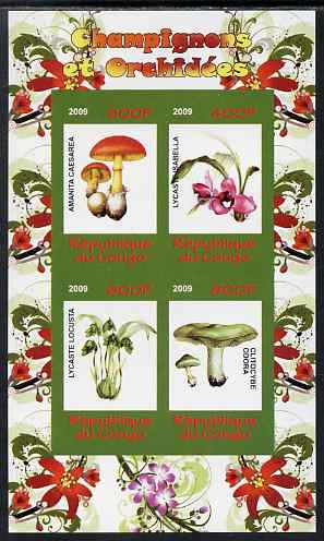 Congo 2009 Fungi & Orchids #1 imperf sheetlet containing 4 values unmounted mint, stamps on fungi, stamps on flowers, stamps on orchids