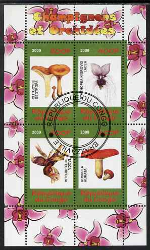Congo 2009 Fungi & Orchids #2 perf sheetlet containing 4 values cto used , stamps on fungi, stamps on flowers, stamps on orchids