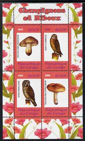 Congo 2009 Fungi & Owls #1 perf sheetlet containing 4 values unmounted mint, stamps on , stamps on  stamps on fungi, stamps on  stamps on owls, stamps on  stamps on birds, stamps on  stamps on birds of prey, stamps on  stamps on 