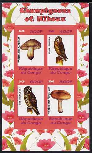 Congo 2009 Fungi & Owls #1 imperf sheetlet containing 4 values unmounted mint, stamps on fungi, stamps on owls, stamps on birds, stamps on birds of prey, stamps on 