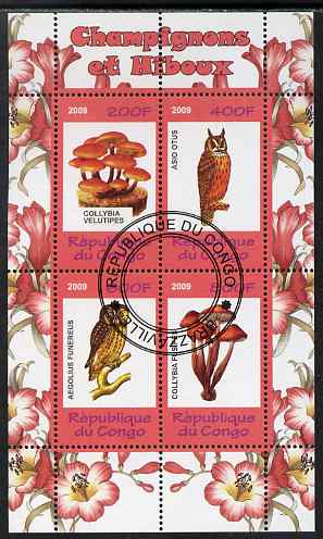 Congo 2009 Fungi & Owls #2 perf sheetlet containing 4 values cto used , stamps on fungi, stamps on owls, stamps on birds, stamps on birds of prey, stamps on 