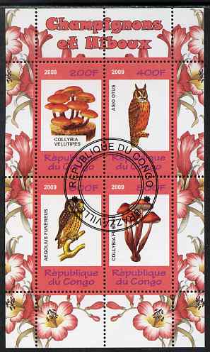 Congo 2009 Fungi & Owls #2 perf sheetlet containing 4 values cto used , stamps on , stamps on  stamps on fungi, stamps on  stamps on owls, stamps on  stamps on birds, stamps on  stamps on birds of prey, stamps on  stamps on 