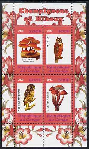 Congo 2009 Fungi & Owls #2 perf sheetlet containing 4 values unmounted mint, stamps on fungi, stamps on owls, stamps on birds, stamps on birds of prey, stamps on 