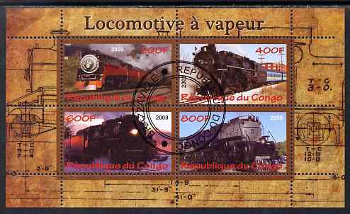 Congo 2009 Steam Locomotives #1 perf sheetlet containing 4 values cto used , stamps on , stamps on  stamps on railways