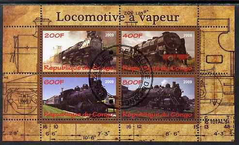 Congo 2009 Steam Locomotives #2 perf sheetlet containing 4 values cto used , stamps on , stamps on  stamps on railways