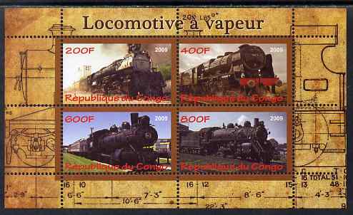 Congo 2009 Steam Locomotives #2 perf sheetlet containing 4 values unmounted mint, stamps on , stamps on  stamps on railways