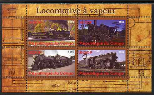 Congo 2009 Steam Locomotives #3 perf sheetlet containing 4 values unmounted mint, stamps on , stamps on  stamps on railways