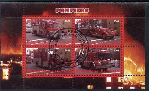Congo 2009 Fire Engines perf sheetlet containing 4 values cto used , stamps on , stamps on  stamps on fire