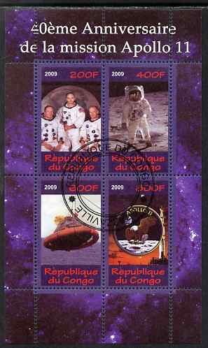 Congo 2009 40th Anniversary of Apollo 11 perf sheetlet containing 4 values cto used , stamps on space, stamps on apollo, stamps on eagles