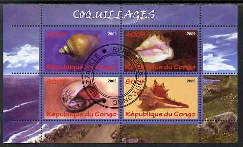 Congo 2009 Shells perf sheetlet containing 4 values cto used , stamps on marine life, stamps on shells
