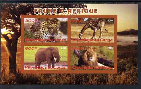 Congo 2009 African Animals imperf sheetlet containing 4 values unmounted mint, stamps on , stamps on  stamps on animals, stamps on  stamps on elephants, stamps on  stamps on giraffes, stamps on  stamps on lions, stamps on  stamps on cats, stamps on  stamps on 