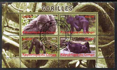 Congo 2009 Gorillas perf sheetlet containing 4 values cto used , stamps on animals, stamps on apes, stamps on gorillas