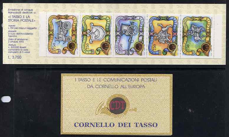 Italy1993 The Taxis Family in Postal History 3,750L booklet complete and fine SG SB9, stamps on , stamps on  stamps on postal, stamps on  stamps on horses, stamps on  stamps on arms, stamps on  stamps on heraldry