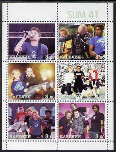 Karjala Republic 2002 Sum 41 (Pop group) perf sheetlet containing 6 values unmounted mint , stamps on , stamps on  stamps on music, stamps on  stamps on pops, stamps on  stamps on rock