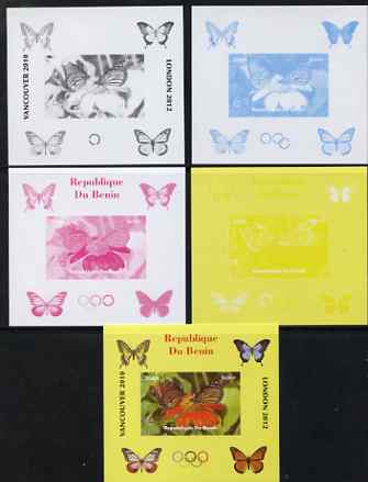 Benin 2009 Butterflies & Olympics #02 individual deluxe sheet the set of 5 imperf progressive proofs comprising the 4 individual colours plus all 4-colour composite, unmo..., stamps on olympics, stamps on butterflies