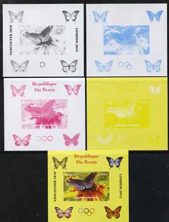 Benin 2009 Butterflies & Olympics #04 individual deluxe sheet the set of 5 imperf progressive proofs comprising the 4 individual colours plus all 4-colour composite, unmo..., stamps on olympics, stamps on butterflies