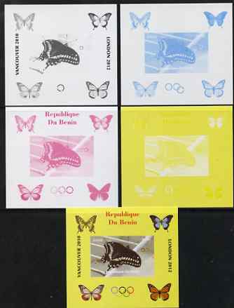 Benin 2009 Butterflies & Olympics #05 individual deluxe sheet the set of 5 imperf progressive proofs comprising the 4 individual colours plus all 4-colour composite, unmo..., stamps on olympics, stamps on butterflies