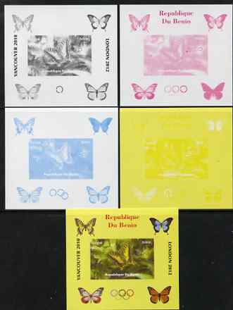 Benin 2009 Butterflies & Olympics #06 individual deluxe sheet the set of 5 imperf progressive proofs comprising the 4 individual colours plus all 4-colour composite, unmounted mint, stamps on olympics, stamps on butterflies