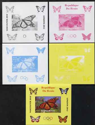 Benin 2009 Butterflies & Olympics #08 individual deluxe sheet the set of 5 imperf progressive proofs comprising the 4 individual colours plus all 4-colour composite, unmo..., stamps on olympics, stamps on butterflies