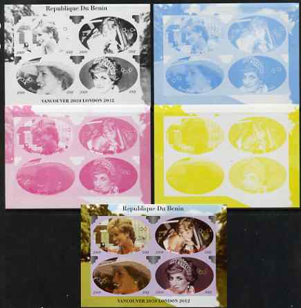 Benin 2009 Princess Diana & Olympics #01 sheetlet containing 4 values, the set of 5 imperf progressive proofs comprising the 4 individual colours plus all 4-colour composite, unmounted mint, stamps on , stamps on  stamps on olympics, stamps on  stamps on diana, stamps on  stamps on royalty