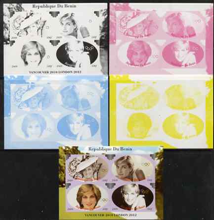 Benin 2009 Princess Diana & Olympics #02 sheetlet containing 4 values, the set of 5 imperf progressive proofs comprising the 4 individual colours plus all 4-colour composite, unmounted mint, stamps on , stamps on  stamps on olympics, stamps on  stamps on diana, stamps on  stamps on royalty