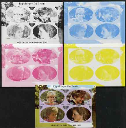 Benin 2009 Princess Diana & Olympics #03 sheetlet containing 4 values, the set of 5 imperf progressive proofs comprising the 4 individual colours plus all 4-colour composite, unmounted mint, stamps on olympics, stamps on diana, stamps on royalty