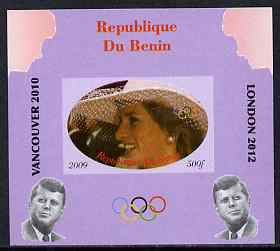 Benin 2009 Princess Diana, Kennedy & Olympics #01 individual imperf deluxe sheet, unmounted mint. Note this item is privately produced and is offered purely on its thematic appeal, stamps on , stamps on  stamps on olympics, stamps on  stamps on diana, stamps on  stamps on royalty, stamps on  stamps on personalities, stamps on  stamps on kennedy, stamps on  stamps on usa presidents, stamps on  stamps on americana