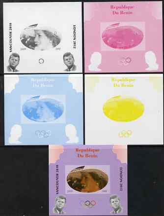 Benin 2009 Princess Diana, Kennedy & Olympics #01 individual deluxe sheet, the set of 5 imperf progressive proofs comprising the 4 individual colours plus all 4-colour composite, unmounted mint, stamps on , stamps on  stamps on olympics, stamps on  stamps on diana, stamps on  stamps on royalty, stamps on  stamps on personalities, stamps on  stamps on kennedy, stamps on  stamps on usa presidents, stamps on  stamps on americana