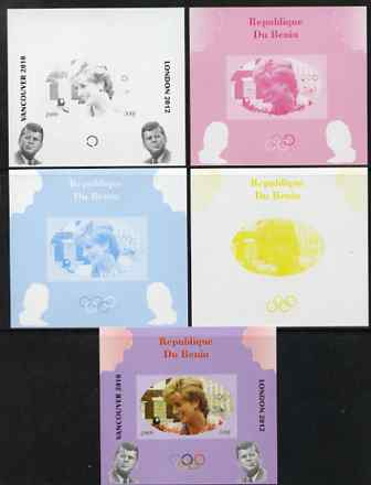 Benin 2009 Princess Diana, Kennedy & Olympics #02 individual deluxe sheet, the set of 5 imperf progressive proofs comprising the 4 individual colours plus all 4-colour co..., stamps on olympics, stamps on diana, stamps on royalty, stamps on personalities, stamps on kennedy, stamps on usa presidents, stamps on americana