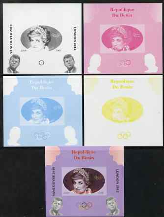 Benin 2009 Princess Diana, Kennedy & Olympics #04 individual deluxe sheet, the set of 5 imperf progressive proofs comprising the 4 individual colours plus all 4-colour co..., stamps on olympics, stamps on diana, stamps on royalty, stamps on personalities, stamps on kennedy, stamps on usa presidents, stamps on americana