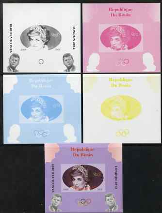 Benin 2009 Princess Diana, Kennedy & Olympics #04 individual deluxe sheet, the set of 5 imperf progressive proofs comprising the 4 individual colours plus all 4-colour composite, unmounted mint, stamps on , stamps on  stamps on olympics, stamps on  stamps on diana, stamps on  stamps on royalty, stamps on  stamps on personalities, stamps on  stamps on kennedy, stamps on  stamps on usa presidents, stamps on  stamps on americana