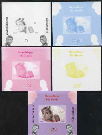 Benin 2009 Princess Diana, Kennedy & Olympics #05 individual deluxe sheet, the set of 5 imperf progressive proofs comprising the 4 individual colours plus all 4-colour composite, unmounted mint, stamps on , stamps on  stamps on olympics, stamps on  stamps on diana, stamps on  stamps on royalty, stamps on  stamps on personalities, stamps on  stamps on kennedy, stamps on  stamps on usa presidents, stamps on  stamps on americana
