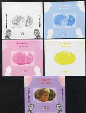 Benin 2009 Princess Diana, Kennedy & Olympics #10 individual deluxe sheet, the set of 5 imperf progressive proofs comprising the 4 individual colours plus all 4-colour co..., stamps on olympics, stamps on diana, stamps on royalty, stamps on personalities, stamps on kennedy, stamps on usa presidents, stamps on americana