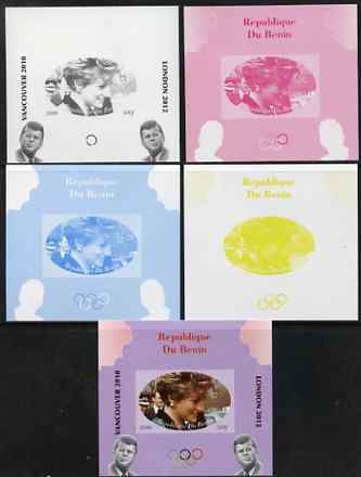 Benin 2009 Princess Diana, Kennedy & Olympics #11 individual deluxe sheet, the set of 5 imperf progressive proofs comprising the 4 individual colours plus all 4-colour composite, unmounted mint, stamps on , stamps on  stamps on olympics, stamps on  stamps on diana, stamps on  stamps on royalty, stamps on  stamps on personalities, stamps on  stamps on kennedy, stamps on  stamps on usa presidents, stamps on  stamps on americana