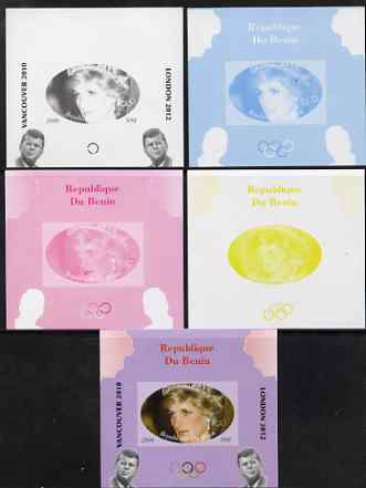 Benin 2009 Princess Diana, Kennedy & Olympics #14 individual deluxe sheet, the set of 5 imperf progressive proofs comprising the 4 individual colours plus all 4-colour co..., stamps on olympics, stamps on diana, stamps on royalty, stamps on personalities, stamps on kennedy, stamps on usa presidents, stamps on americana