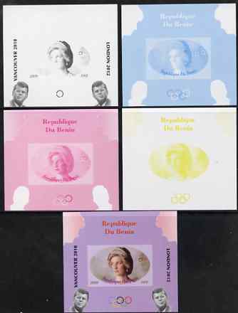 Benin 2009 Princess Diana, Kennedy & Olympics #16 individual deluxe sheet, the set of 5 imperf progressive proofs comprising the 4 individual colours plus all 4-colour co..., stamps on olympics, stamps on diana, stamps on royalty, stamps on personalities, stamps on kennedy, stamps on usa presidents, stamps on americana