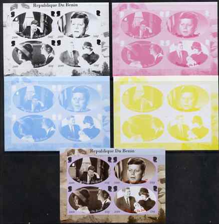 Benin 2009 John F Kennedy sheetlet containing 4 values, the set of 5 imperf progressive proofs comprising the 4 individual colours plus all 4-colour composite, unmounted mint, stamps on personalities, stamps on kennedy, stamps on usa presidents, stamps on americana