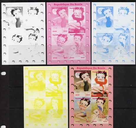 Benin 2009 Betty Boop & Olympics sheetlet containing 4 values, the set of 5 imperf progressive proofs comprising the 4 individual colours plus all 4-colour composite, unmounted mint, stamps on movies, stamps on films, stamps on cinema, stamps on cartoons, stamps on olympics