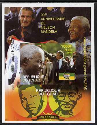 Chad 2008 Nelson Mandela 90th Birthday imperf m/sheet #1 also shows Beckham & Gandhi, unmounted mint. Note this item is privately produced and is offered purely on its thematic appeal. , stamps on personalities, stamps on mandela, stamps on aids, stamps on nobel, stamps on personalities, stamps on mandela, stamps on nobel, stamps on peace, stamps on racism, stamps on human rights, stamps on gandhi, stamps on football