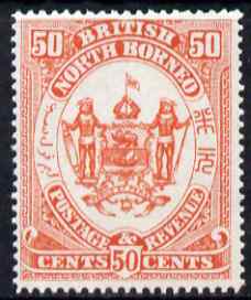 North Borneo 1888 Arms 50c perforated colour trial in deep orange fresh with gum, as SG 46, stamps on , stamps on  stamps on heraldry, stamps on  stamps on  qv , stamps on  stamps on arms