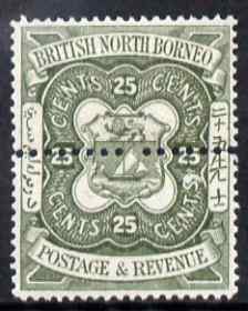 North Borneo 1888 Arms 25c perforated colour trial in olive with additional horiz row of perforations through centre fresh with gum, as SG 45, stamps on , stamps on  stamps on heraldry, stamps on  stamps on  qv , stamps on  stamps on arms