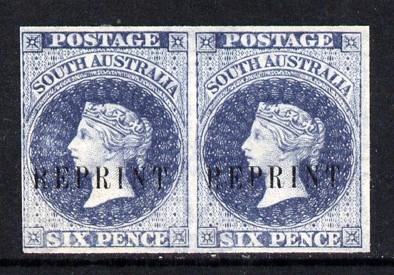 South Australia 1860 imperf pair of 6d dull blue (SG 32) on watermarked Crown SA paper, each impression optd REPRINT (originals c £700), stamps on , stamps on  qv , stamps on 