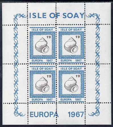 Isle of Soay 1967 Europa (Shells) 1s9d Whelk perf sheetlet of 4 unmounted mint - normal sheets come rouletted but a small quantity were perforated, stamps on , stamps on  stamps on europa, stamps on  stamps on marine life, stamps on  stamps on shells