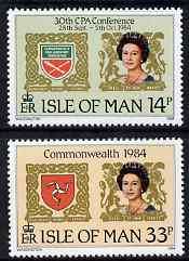 Isle of Man 1984 Links with the Commonwealth.  30th Commonwealth Parliamentary Association Conference set of 2 unmnounted mint, SG 279-80, stamps on arms, stamps on heraldry