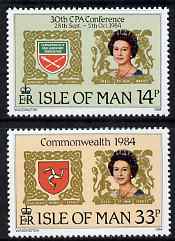 Isle of Man 1984 Links with the Commonwealth.  30th Commonwealth Parliamentary Association Conference set of 2 unmnounted mint, SG 279-80, stamps on , stamps on  stamps on arms, stamps on  stamps on heraldry